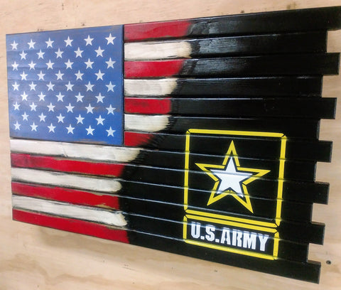 American/Army Hybrid wooden concealment flag transitions from the US flag into the US army logo stenciled in yellow and white over black