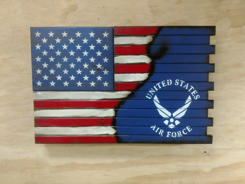 American/Air Force Hybrid wooden concealment flag transitions from the US flag into the air force logo in white stenciled over blue backing