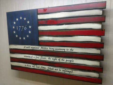 1776 With Second Amendment concealment flag has the 2nd amendment written in black over the white stripes of the 1776 flag