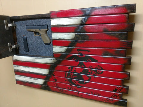 A single compartment gun concealment flag with American flag on the left that transitions to a red background with U.S marines logo.