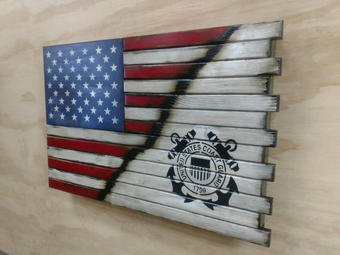 Single compartment gun concealment case with American flag that transitions diagonally to a white section with a black U.S Coast Guard logo.