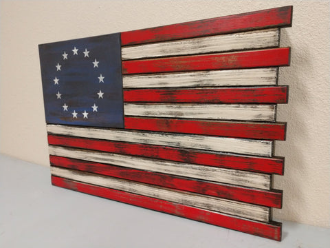 U.S Colonial gun concealment flag with burnt accents on the red & white stripes & 13 stars in a circle in the top left blue corner