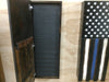 A single panel opens from right side, revealing foam backing, while darker stained wood consists of door and sides of the concealment flag.