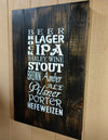 Hanging brown, distressed wooden hidden gun storage wall decor with beer types listed on it.