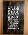 Dark brown, distressed wooden gun concealment wall decor with various types of beer listed in white script.