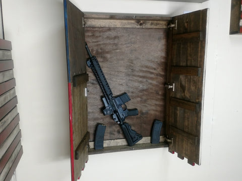 Large gun concealment case with one large open compartment containing a rifle and 2 clips of ammo