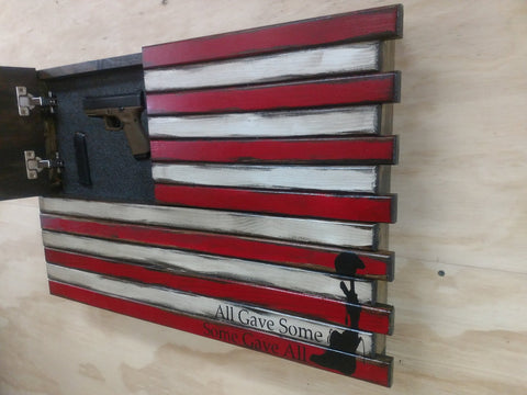 U.S gun concealment flag with compartment open in the top left & a pistol inside & "all gave some some gave all" military tribute in the lower right