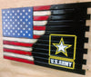 American/Army Hybrid wooden concealment flag transitions from the US flag into the US army logo stenciled in yellow and white over black