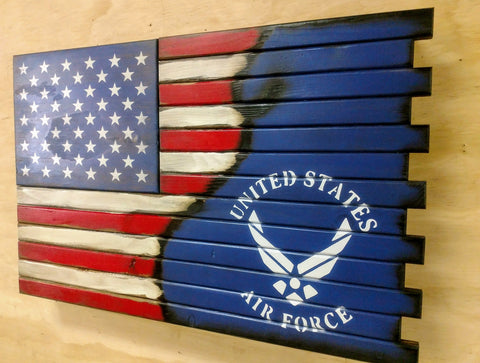 A large closed hidden gun safe with a US flag converts to blue background with a large white stencil of the US Airforce logo