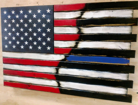 Gun concealment case with colored American flag on left half and black & white with thin blue stripe American flag on the right 