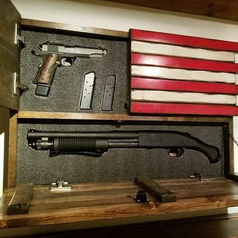 Small gun concealment American flag with 2 compartments in the top left and full bottom showing 1 pistol and 1 shotgun