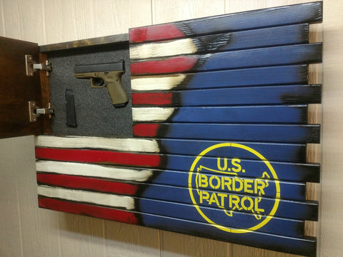 Gun concealment case with half American flag, half U.S border patrol logo with top left compartment open holding a pistol & ammo.