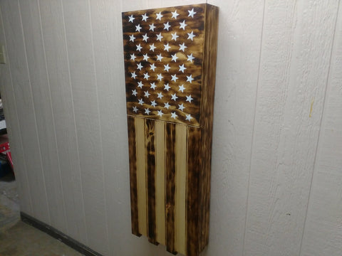 Torched half sized American flag gun concealment case with white stars on left & light & dark brown stripes on right