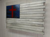Christian gun concealment flag with altering length white panels, and an upper left blue section with a red cross inside