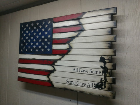 Gun concealment case with half American flag blended  to white background & "All gave some, some gave all" stenciled military tribute
