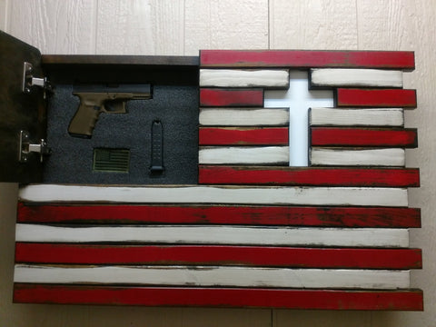 American flag gun concealment case with a white Christian cross carved into the upper right section.