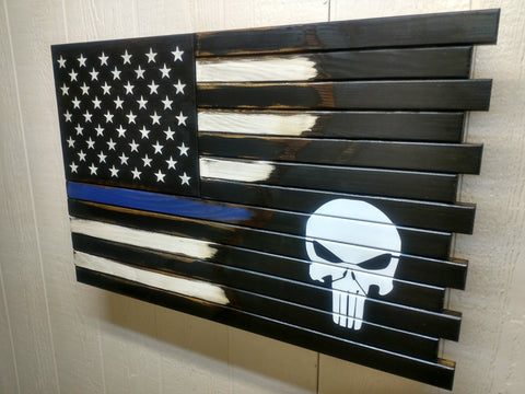 Small gun concealment case with a black & white American flag & single blue line that transitions to black with a white punisher logo.