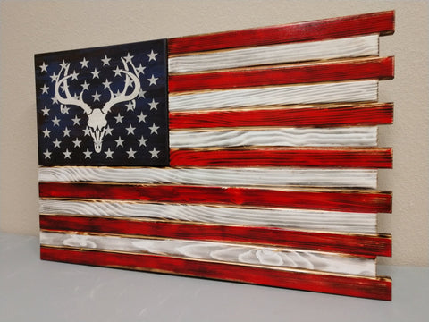 Single compartment American flag gun concealment case with vibrant colors & a white stenciled deer skull logo within the stars.