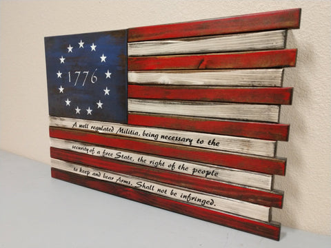 1776 American flag gun concealment case with 13 stars, burnt accents and a 2nd amendment quote stenciled on the bottom 3 white stripes.