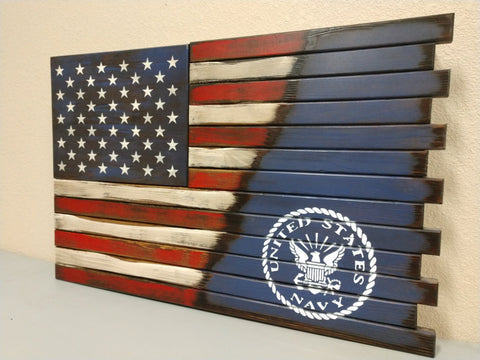 Gun concealment flag with half American flag blended with burnt accents into blue background with U.S Navy badge