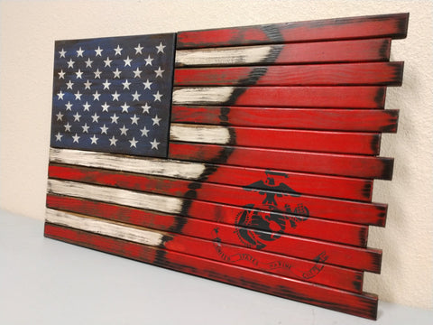 Gun concealment flag with half American flag blended with burnt accents into red background with U.S Marine E.G.A logo