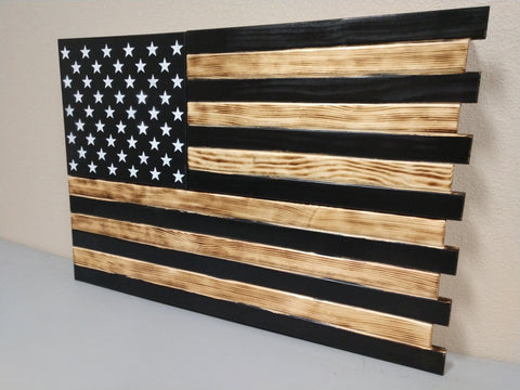 Black & Torched concealment flag replaces blue and red with black on the US flag with white stars and torched light wood stripes