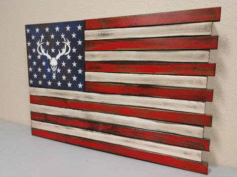 Large gun concealment American flag with a deer skull and antlers nested inside the stars and intense burnt accents 