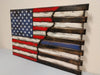 American/Thin Blue Line Hybrid wooden concealment flag transitions from the left US flag into the Thin Blue Line stripes on the right side