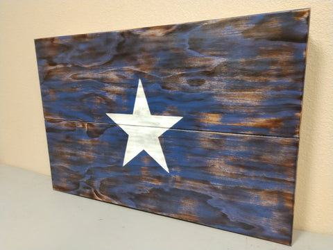 "Bonnie Blue" flag gun concealment case with a blue background and a white star in the middle with natural wood showing through.