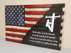 American/Lineman Hybrid wooden concealment flag has the US flag moving to white stenciling of lineman over quote We the willing, led...
