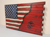 American/Marine Hybrid Flag concealed gun safe goes from the US flag into a red background with the marines logo stenciled in black