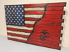 A closed concealment flag with a standard US flag diagonally converts to a red background with a black USMC logo and lettering