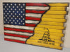 American/Gadsen Hybrid Flag concealed gun safe goes from the US flag into yellow with a stenciled snake that reads don't tread on me