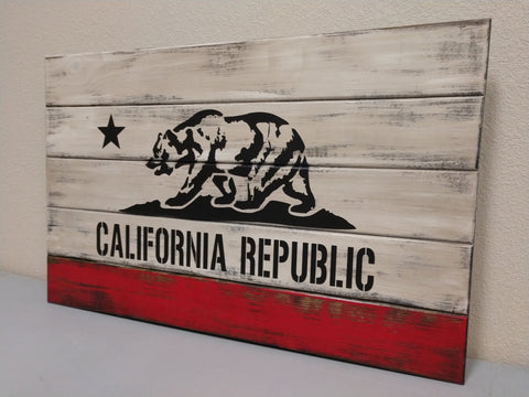 Large gun concealment flag of California with black stenciled bear and lettering that says, "California Republic"