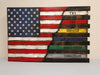 US wooden concealment flag transitions to colorful stripes reading EMS, fire, dispatch, law enforcement, armed forces, and corrections