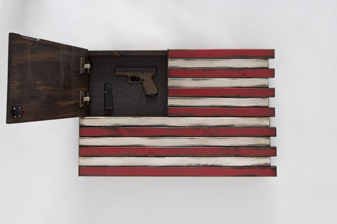 Upper left open panel of a gun concealment flag with pistol and magazine, remaining design includes deep red and white stripes over dark wood