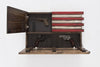 American flag gun concealment case with a large compartment open on bottom holding two guns and a small one on top with 1 gun