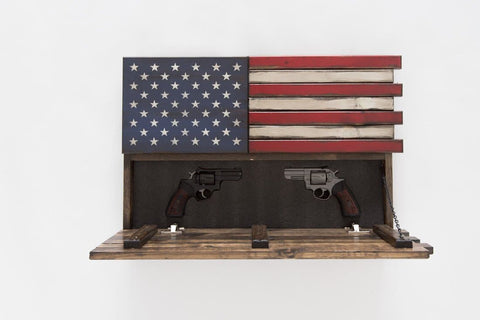 Classic American flag gun concealment case with a large component open on bottom holding two revolvers
