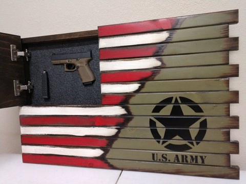 Gun concealment flag with open compartment in top left holding a pistol, American flag left half & military green with Army logo on right