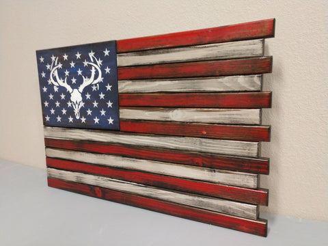 American flag gun concealment case with intense burnt accents and a deer skull with antlers overlaying the stars