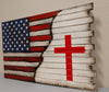 American/Christian Hybrid gun concealment flag features a rustic US flag that transitions to a large red cross over a white background