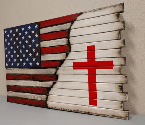Single compartment gun concealment flag with American flag that transitions to white background with red Christian cross.